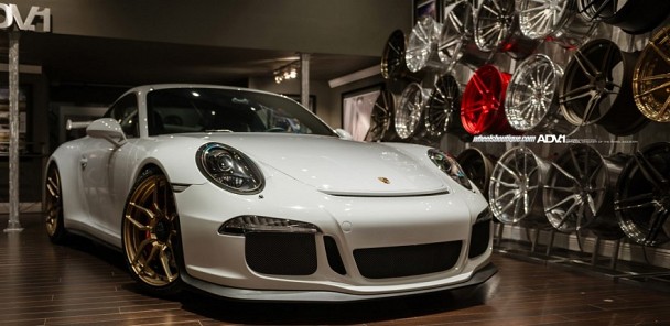 Angelic White Porsche 911 GT3 Sports Gold ADV.1 Wheels