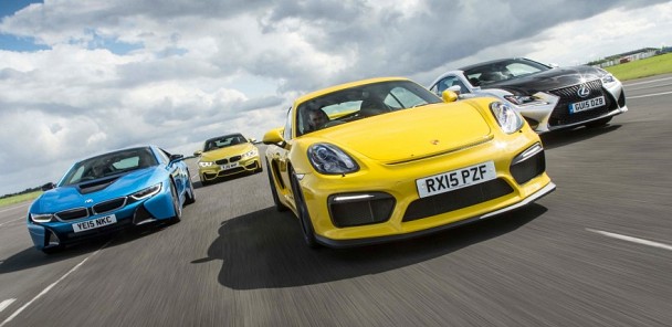 Porsche Cayman GT4 vs BMW M4 vs BMW i8 vs Lexus RC F Drag Race